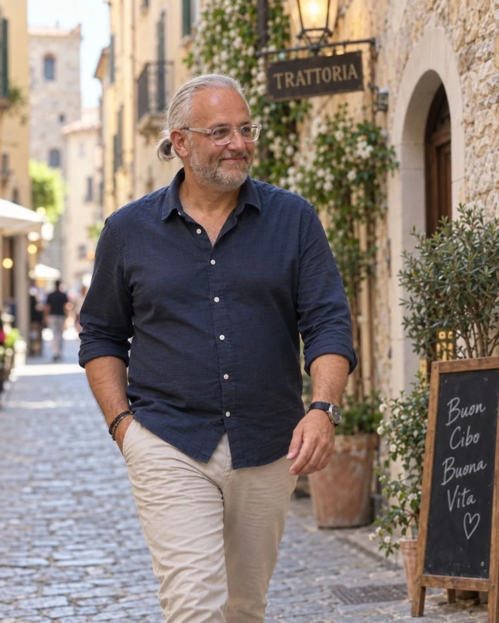 Giacomo Rossi walking through the streets of a small town