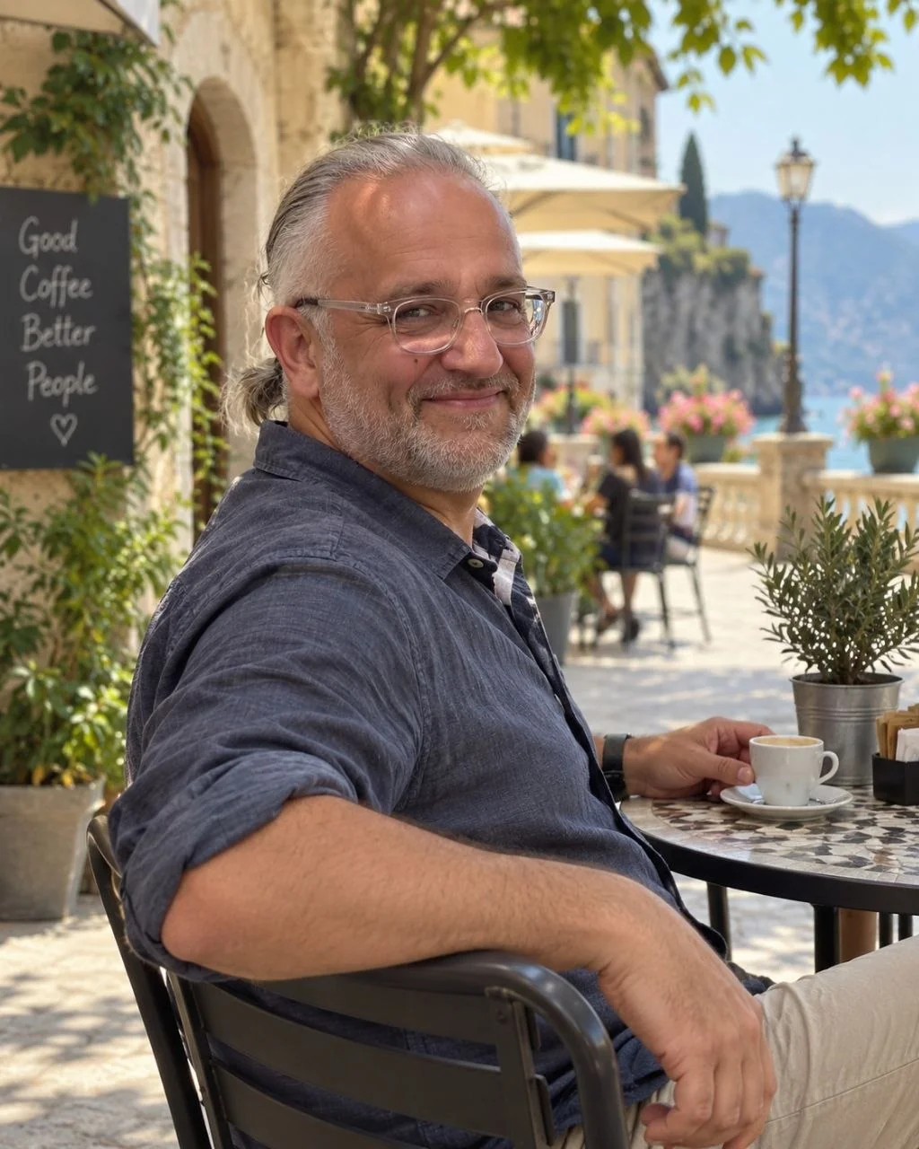 Giacomo Rossi sitting at an outdoor café table with a coffee