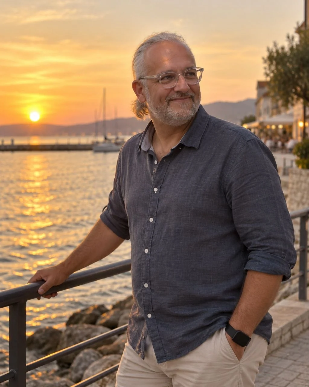 Giacomo Rossi by the waterfront at sunset