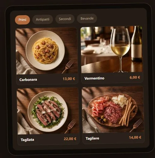 The RISTIQ tablet showing photos and categories from a demonstration menu